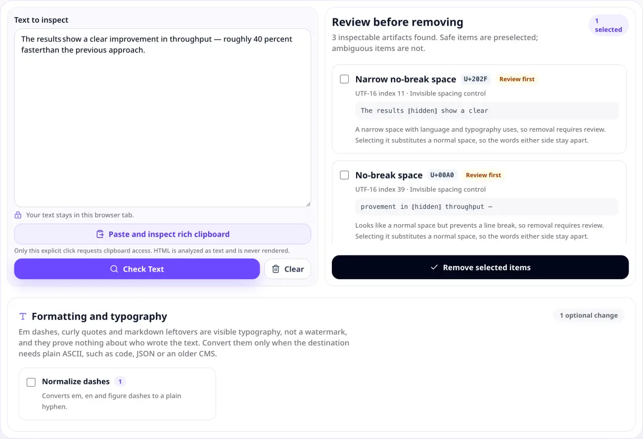 Hidden character findings with code points and context AI text watermark remover showing hidden Unicode characters found in AI-generated text, each with its code point, position and surrounding context