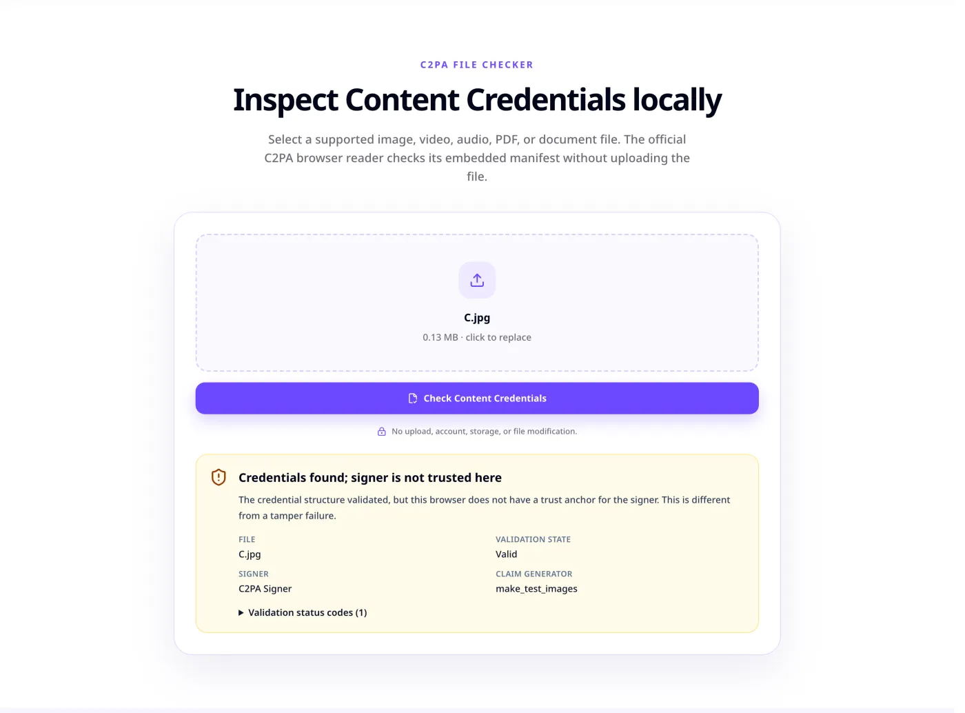 Claude C2PA checker - Content Credentials result showing validation state, signer and claim generator